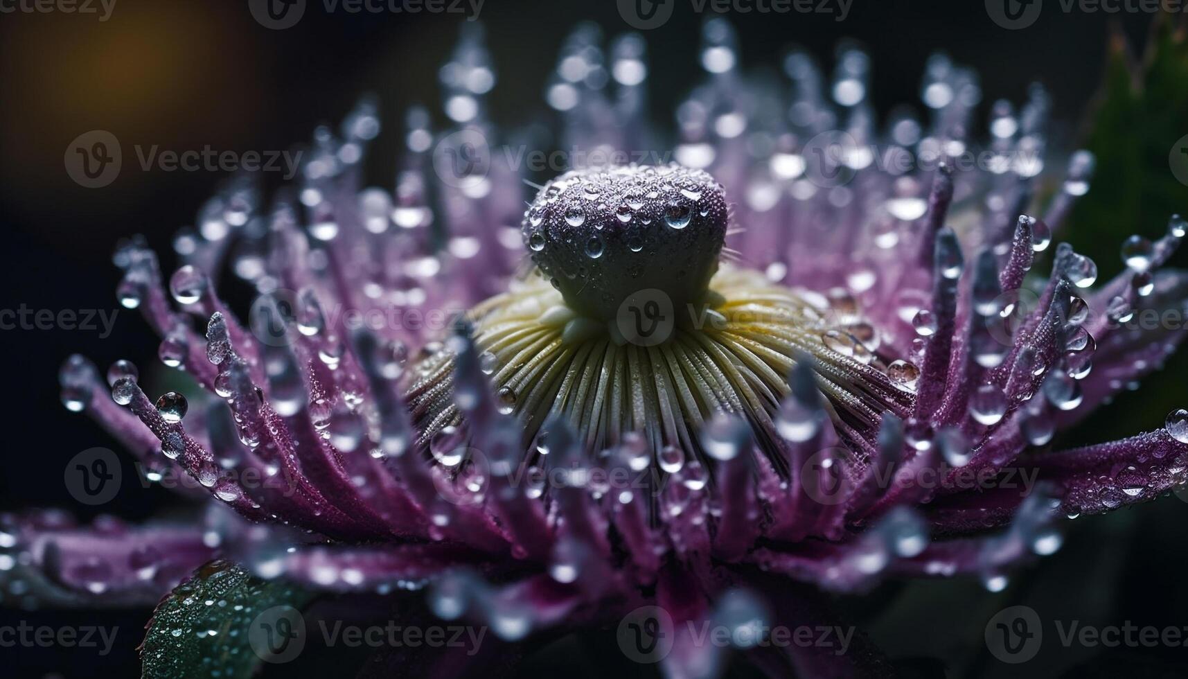 singolo viola Fiore di campo con rugiada gocce all'aperto generato di ai foto