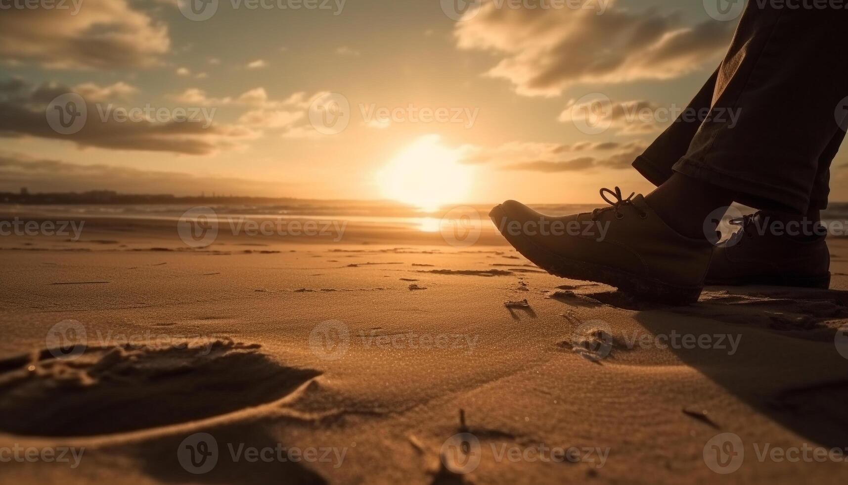 uno persona a piedi su spiaggia a tramonto generato di ai foto