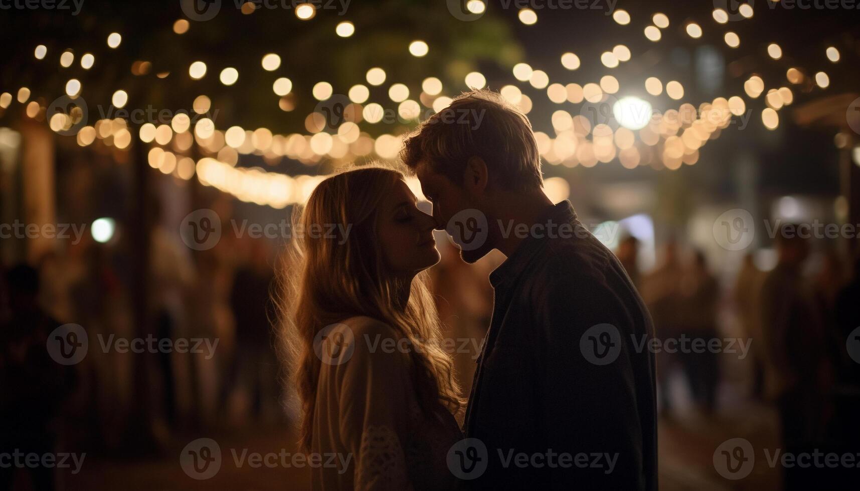 giovane coppia Abbracciare una persona sotto illuminato Natale luci generato di ai foto