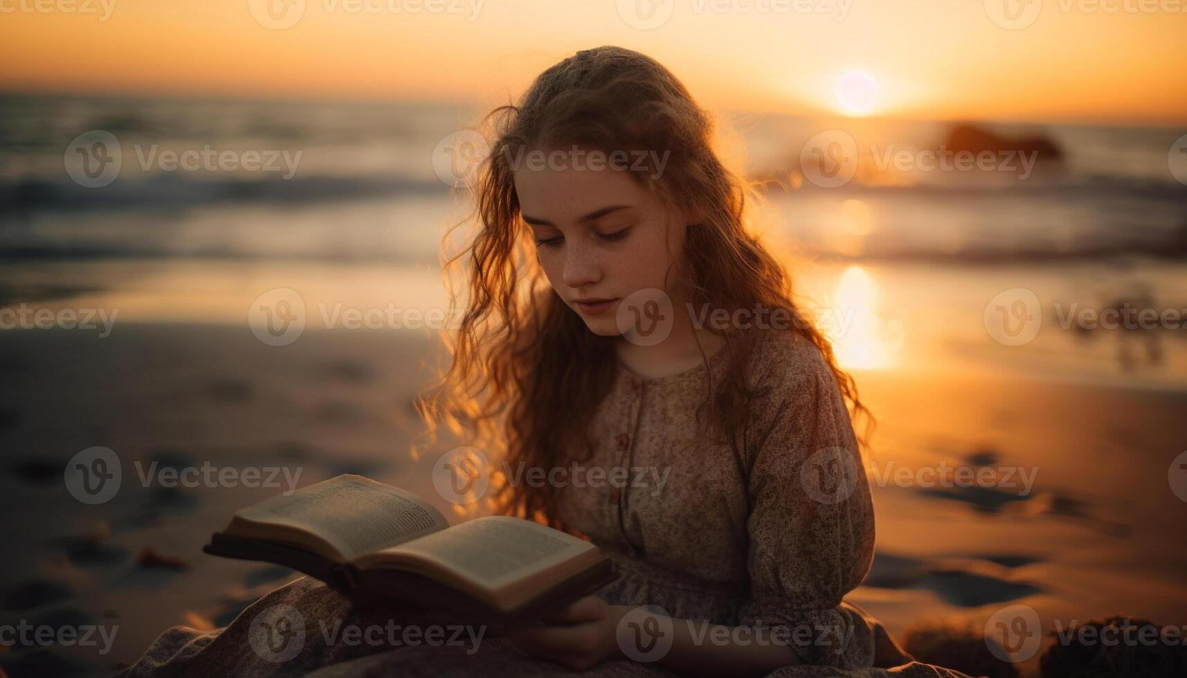 uno persona lettura Bibbia a sereno tramonto generato di ai foto