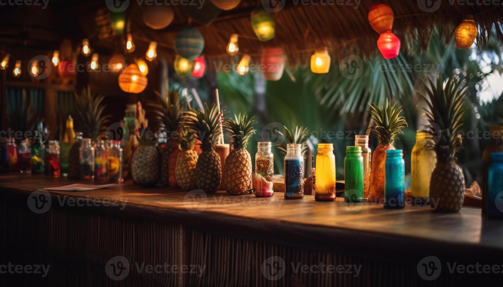 illuminato bar tavolo con fresco frutta decorazione generato di ai foto