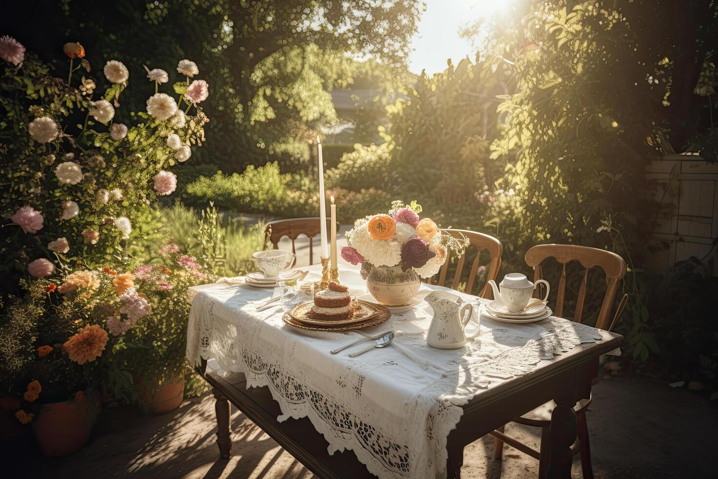 tavolo impostato per un' tè festa nel il giardino nel il raggi di il ambientazione sole, un' meravigliosamente decorato cenare tavolo nel un' giardino, ai generato foto