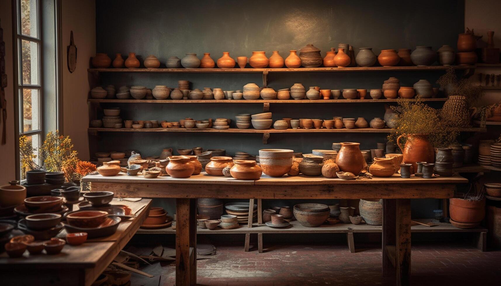 craftsperson fabbricazione ceramica su un' ruota nel un' laboratorio in casa generato di ai foto