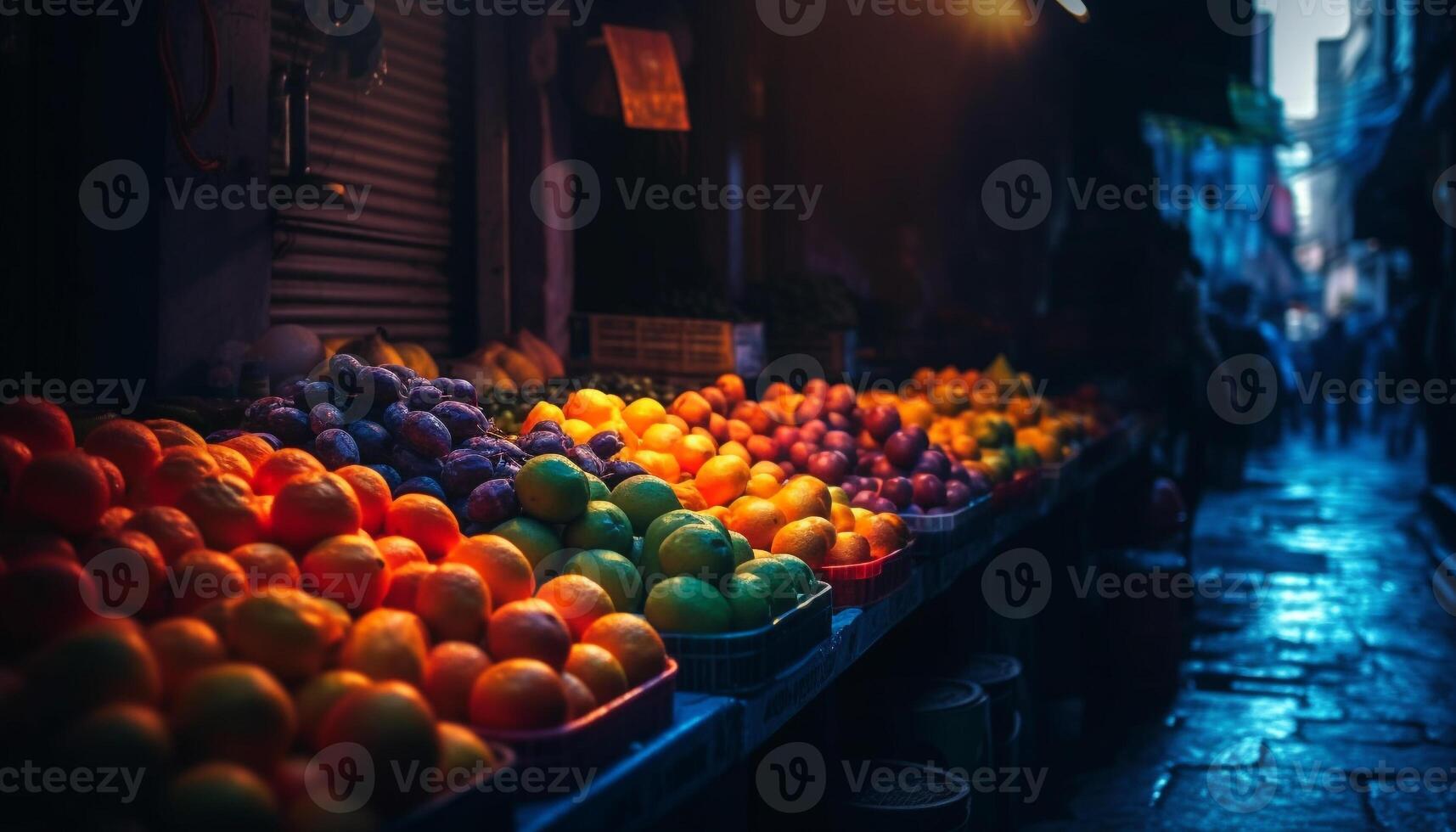 fresco biologico frutta e verdure nel un' colorato Al dettaglio cestino generato di ai foto