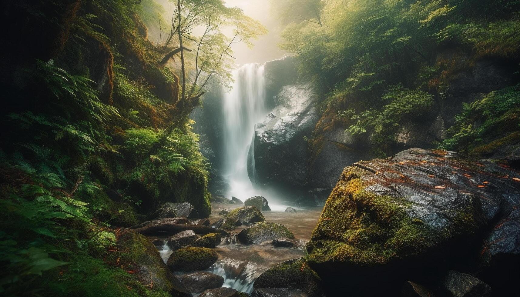 tranquillo scena di maestoso foresta con fluente acqua e natura generato di ai foto