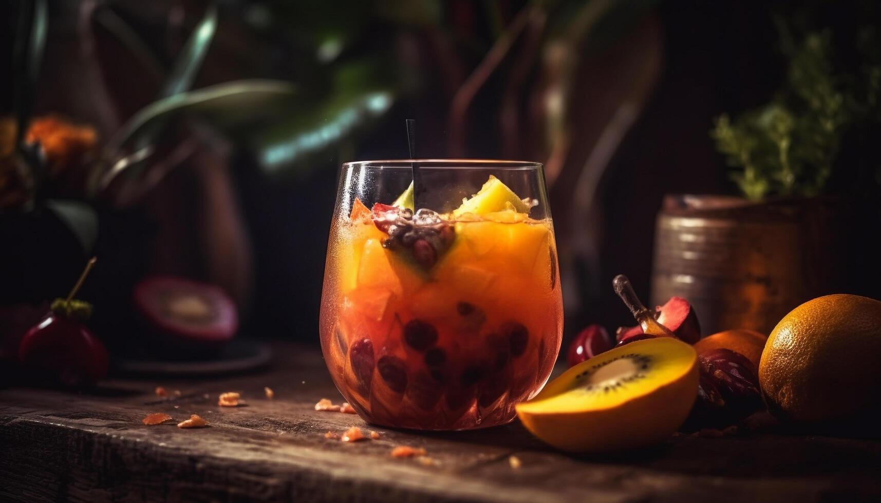 fresco frutta cocktail su rustico legna tavolo, Perfetto estate rinfresco generato di ai foto