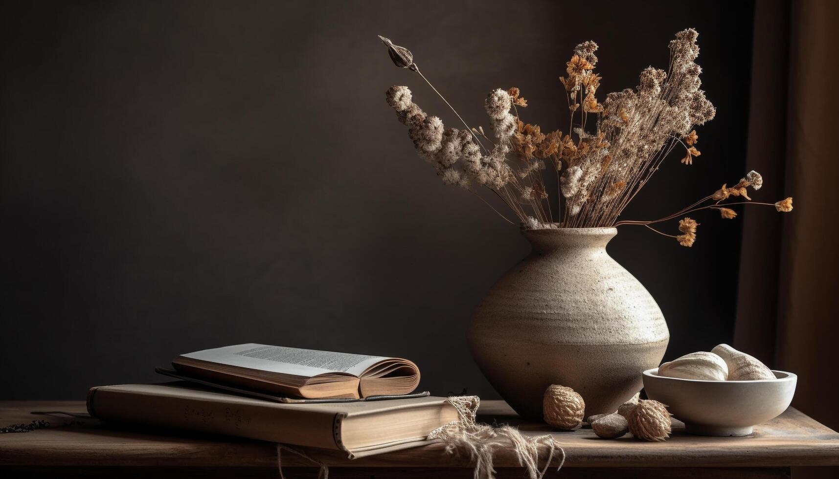 rustico ancora vita composizione vecchio libri, di legno tavolo, antico vaso generato di ai foto