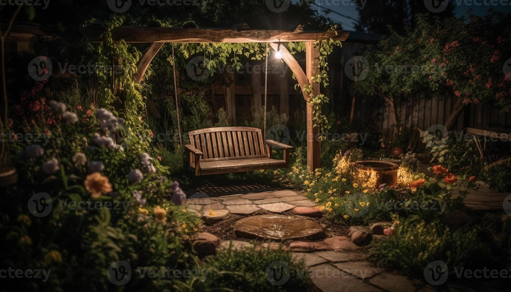 tranquillo scena di un' formale giardino con giallo fiore pentola decorazione generato di ai foto