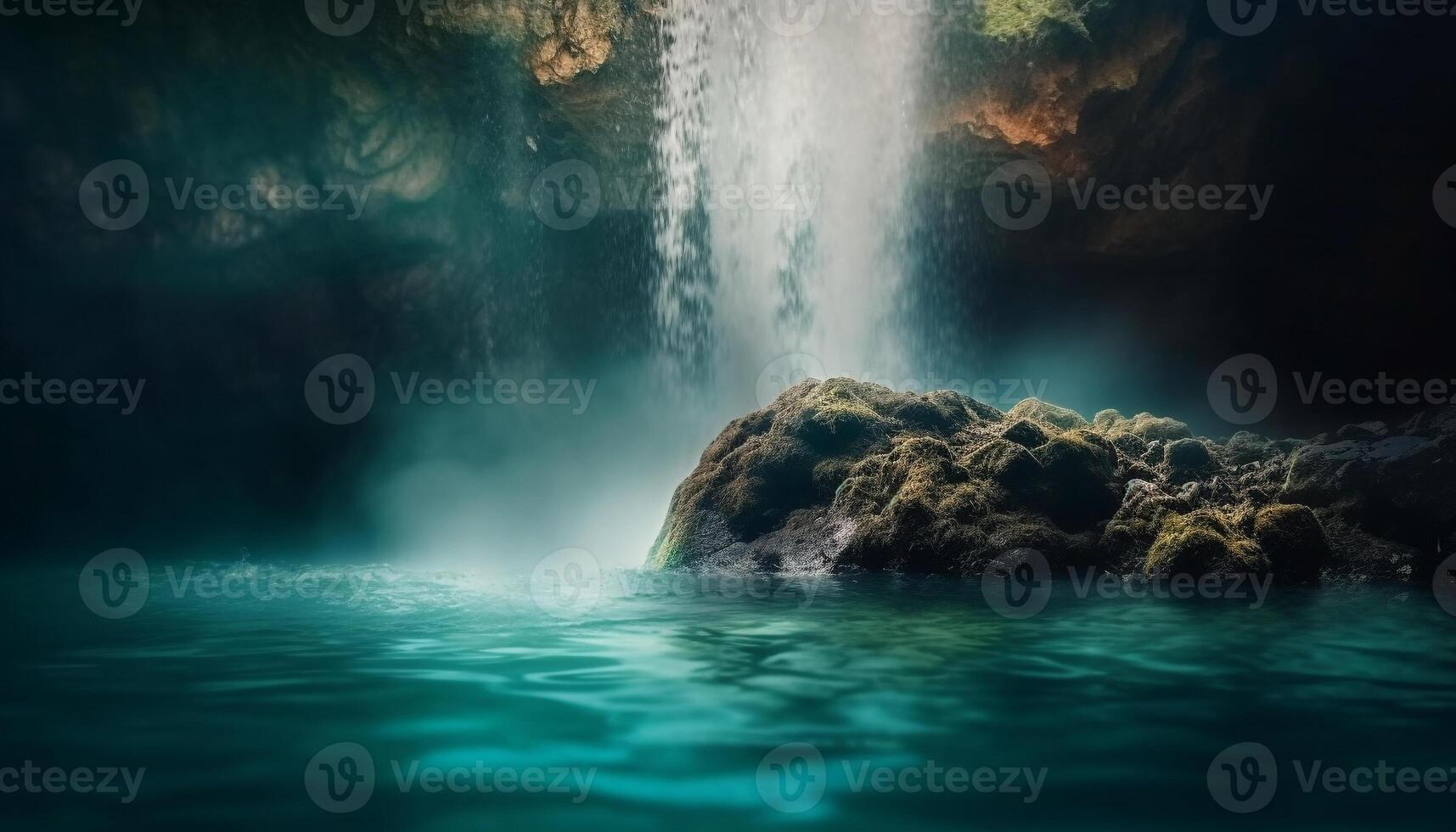 tranquillo paesaggio marino maestoso scogliera, fluente acqua, e tramonto riflessi generato di ai foto