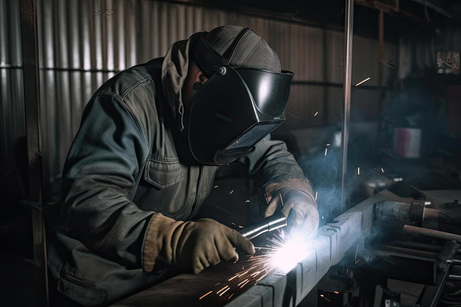 industriale lavoratore con protettivo maschera saldatura metallo nel fabbrica. metallo produzione e costruzione concetto. un' lavoratore indossare un' saldatura casco saldatura un' metallo pezzo, ai generato foto