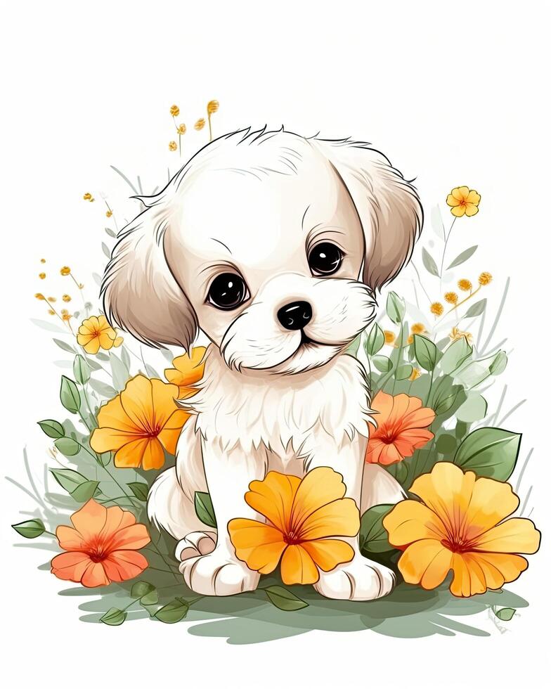 carino colorato cucciolo impostato illustrazione. cane cartone animato illustrazione per bambini. bambino cane seduta su un' bianca sfondo. bellissimo cucciolo illustrazione fascio con colorato arcobaleni e fiori. ai generato. foto