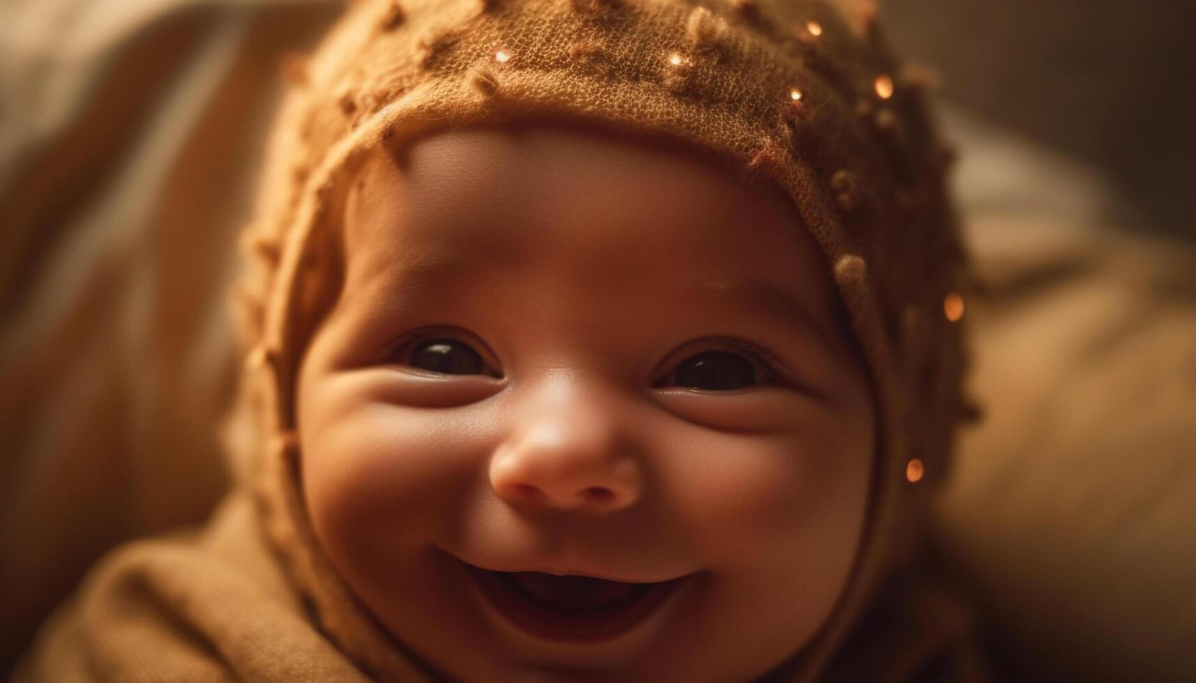sorridente bambino ragazzo nel caldo berretto porta gioia per famiglia generato di ai foto