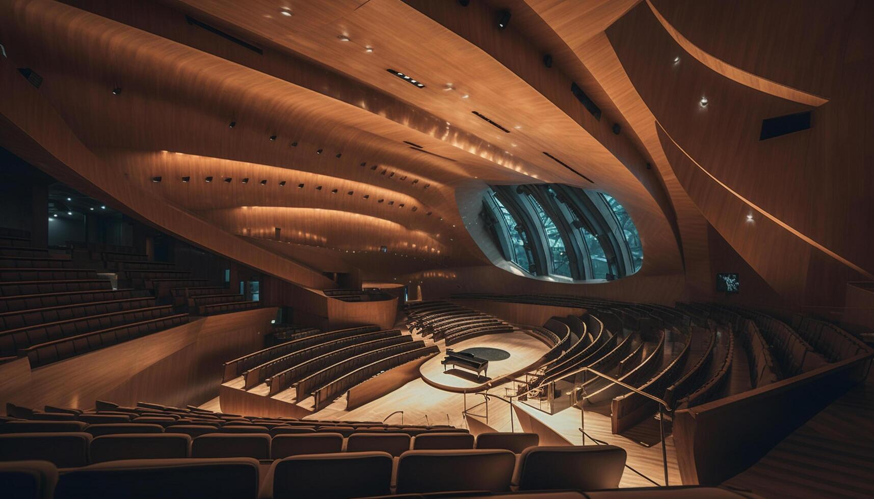 moderno architettura si illumina vuoto auditorium con confortevole sedie nel righe generato di ai foto