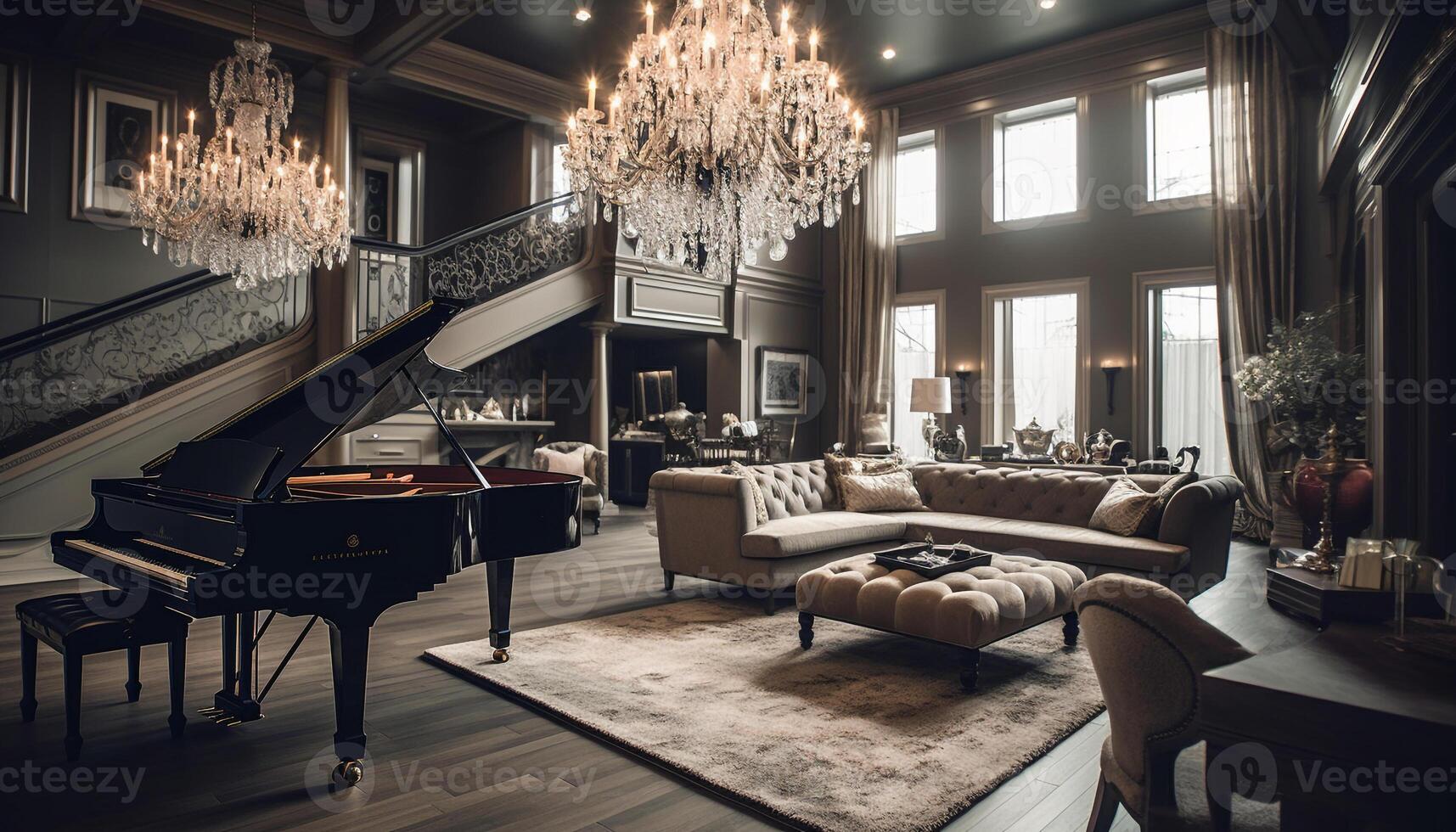 lusso casa interno con moderno disegno, confortevole divano e pianoforte generato di ai foto