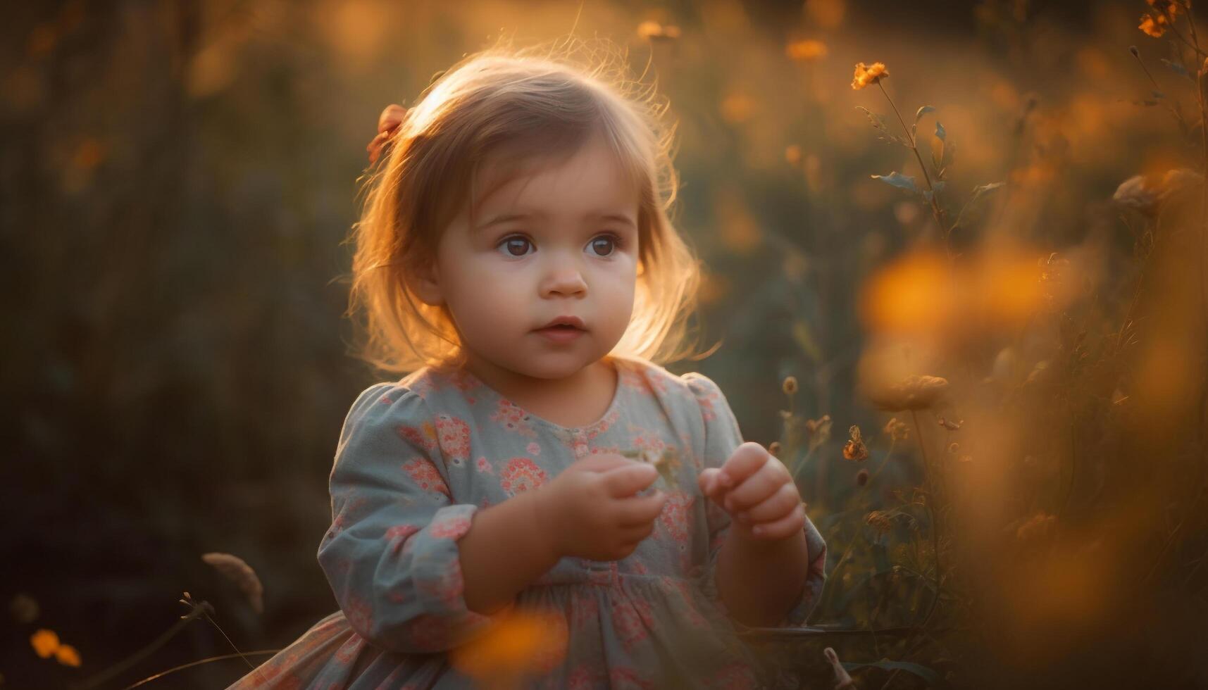 allegro bambino ragazza seduta nel prato, godendo natura bellezza generato di ai foto