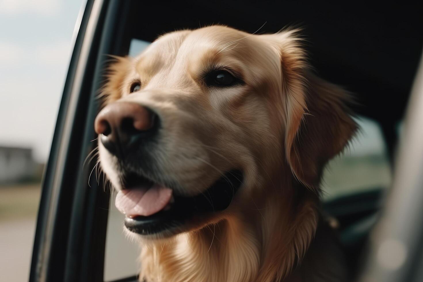 carino d'oro cane da riporto guardare su di auto finestra, avvicinamento ai generato foto