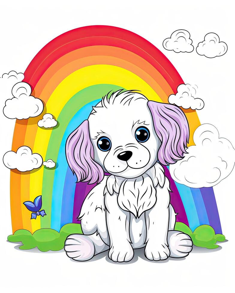 bellissimo cucciolo illustrazione fascio con colorato arcobaleni e fiori. carino cucciolo seduta illustrazione fascio. carino colorato cucciolo impostato illustrazione. cane cartone animato illustrazione per bambini. ai generato. foto