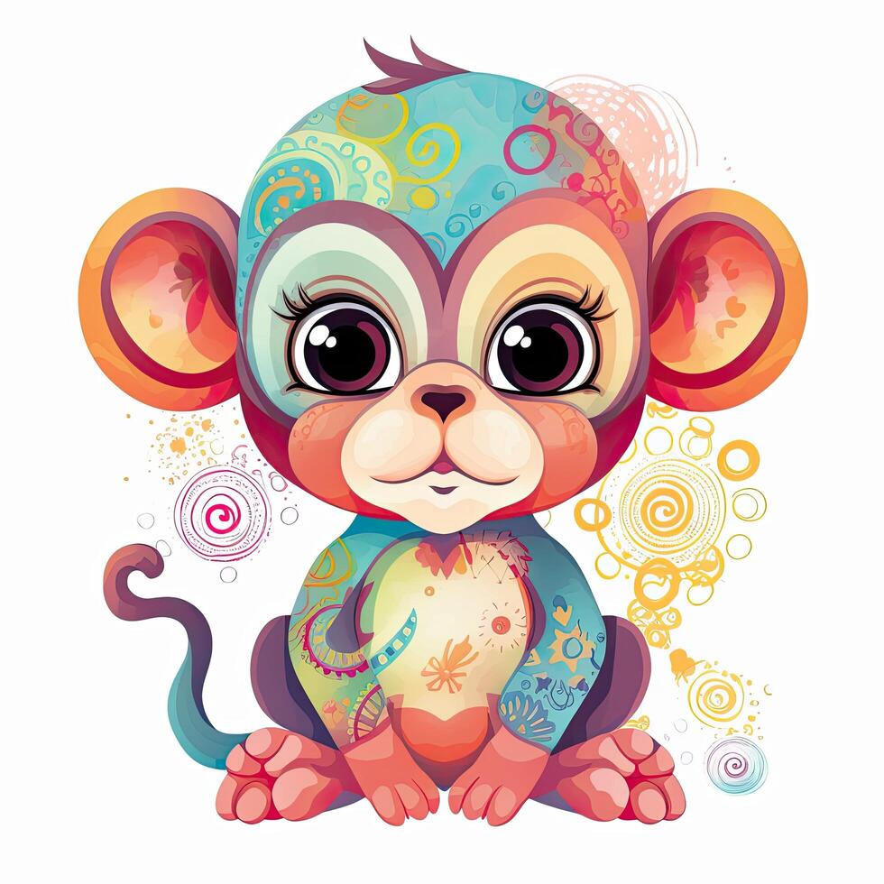 giocoso scimmia cucciolo illustrazione. scimmia sorridente su un' bianca sfondo. carino bambino scimmia illustrazione con fiori. scimmia cucciolo disegni con carino occhi e colorato pelliccia per colorazione pagine. generativo ai. foto