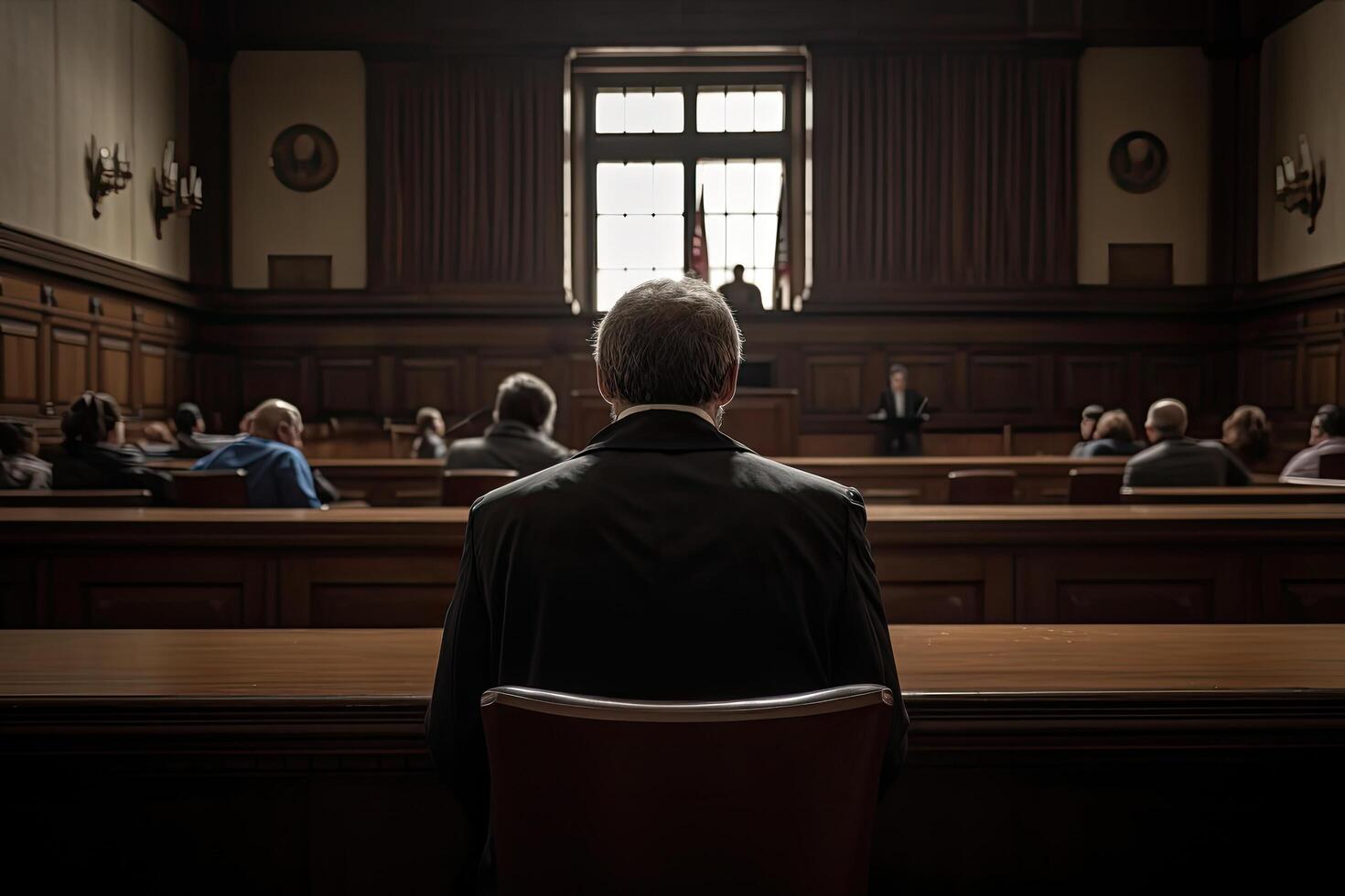 posteriore Visualizza di un' uomo seduta nel un' aula o legge rinforzo ufficio, un' Tribunale procuratore avvocato pieno posteriore Visualizza dentro Tribunale, ai generato foto