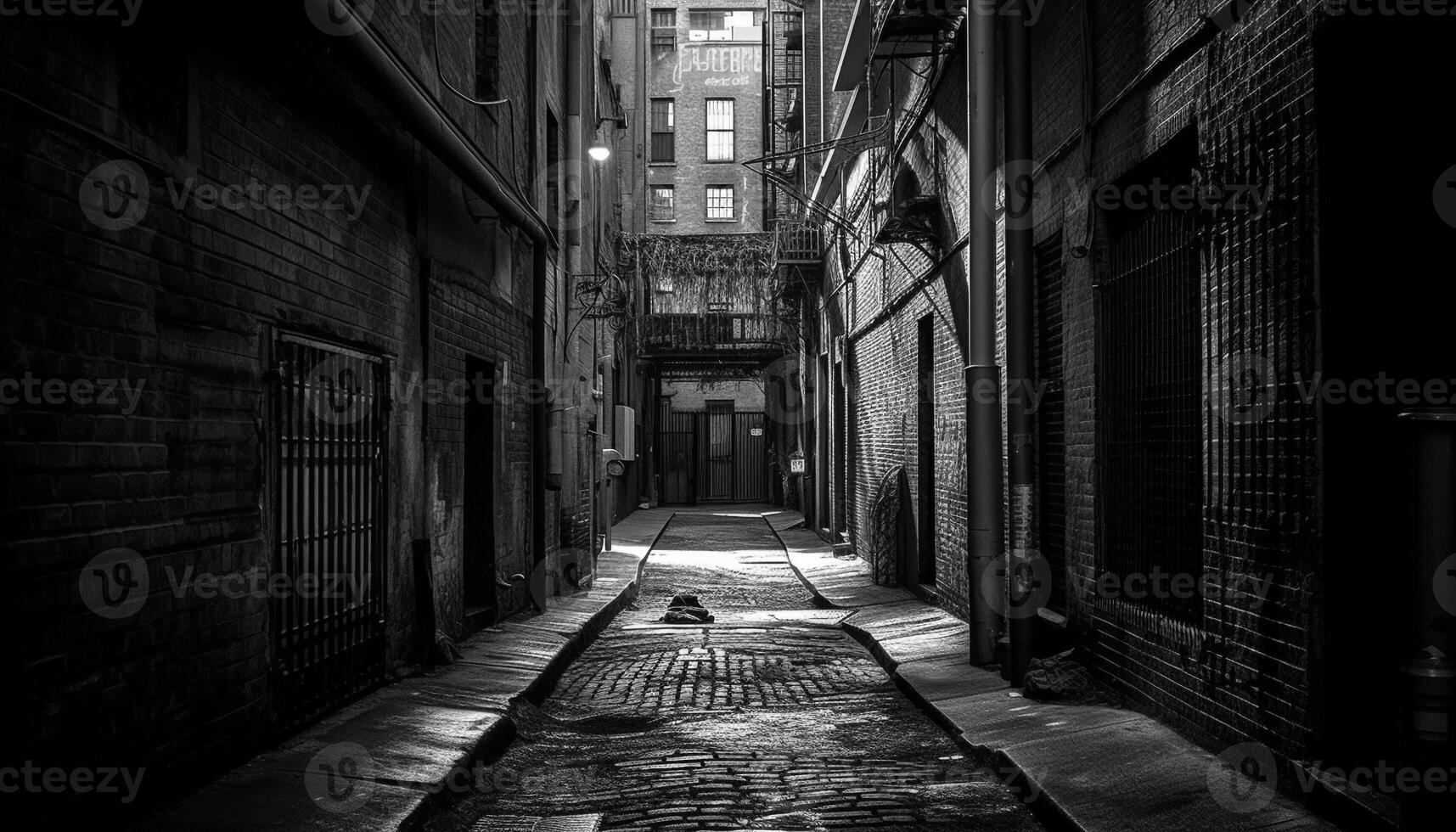 solitario uomo passeggiate giù scuro, stretto strada nel antico città generato di ai foto