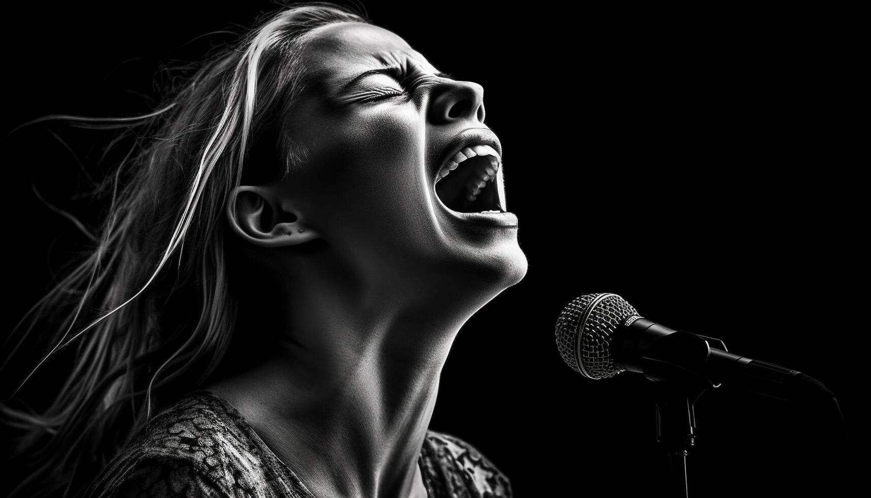 giovane donna cantando con passione, occhi Chiuso, nel nero studio generato di ai foto