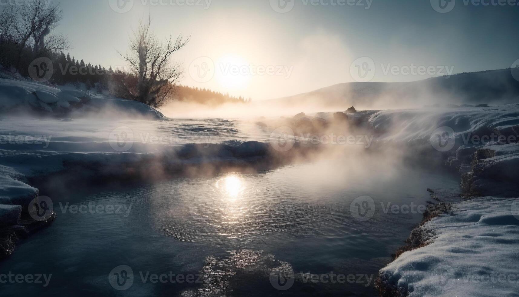 tranquillo scena di inverno albero riflette nel calma fluente acqua generato di ai foto