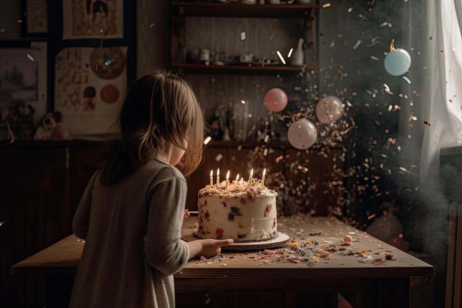 carino poco ragazza soffiaggio su candele su un' compleanno torta a casa, un' poco ragazza soffiaggio su un' candela su un' compleanno torta, ai generato foto