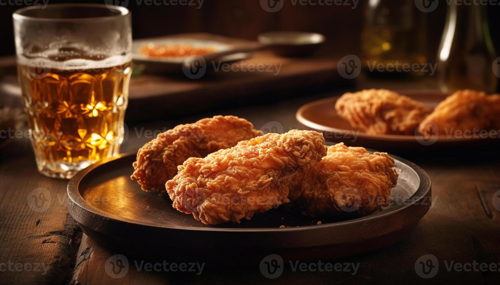 rustico pub pasto grigliato carne piatto con birra rinfresco generato di ai foto