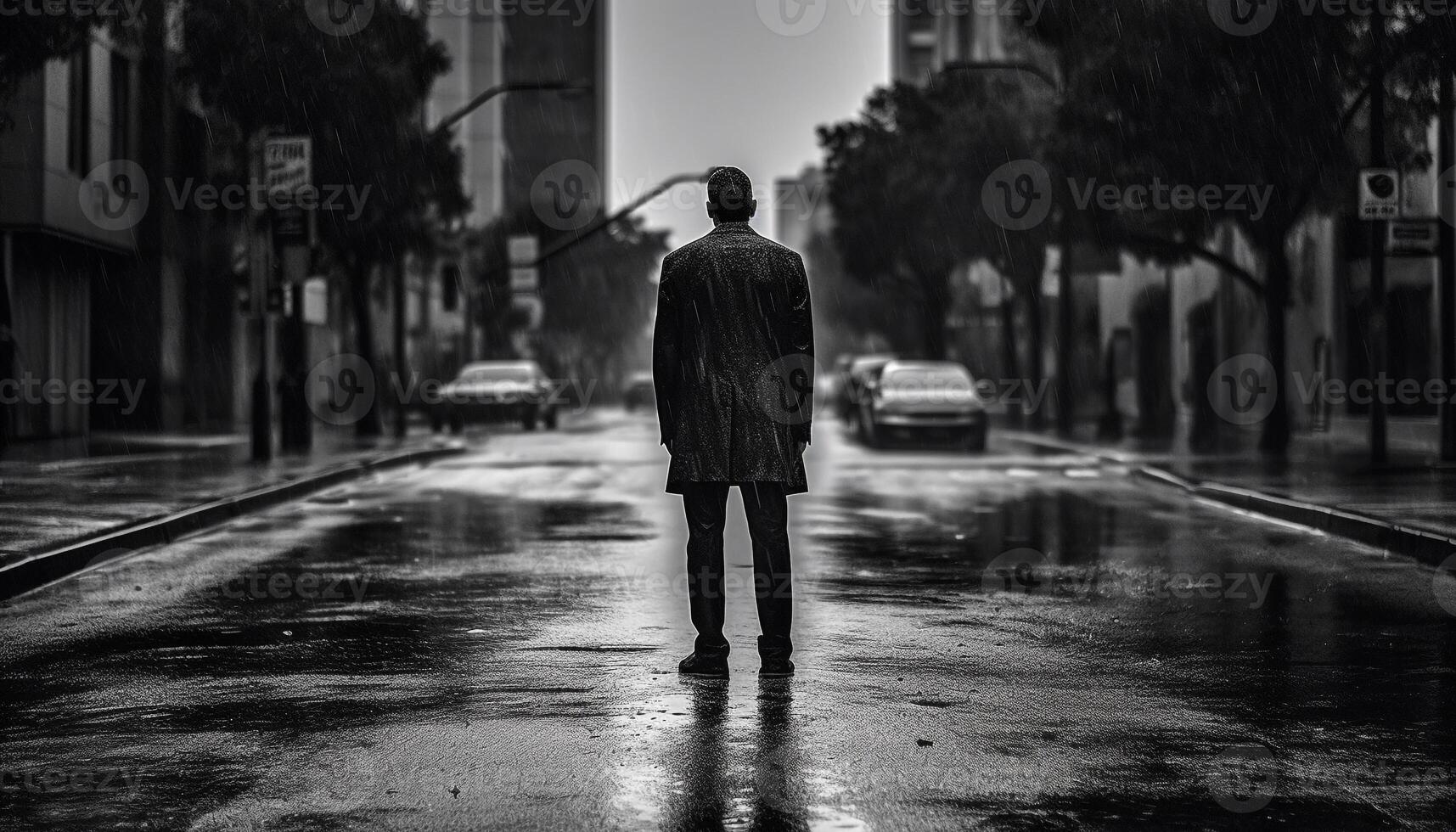 solitario uomo d'affari in piedi nel pioggia su vecchio città strada generato di ai foto