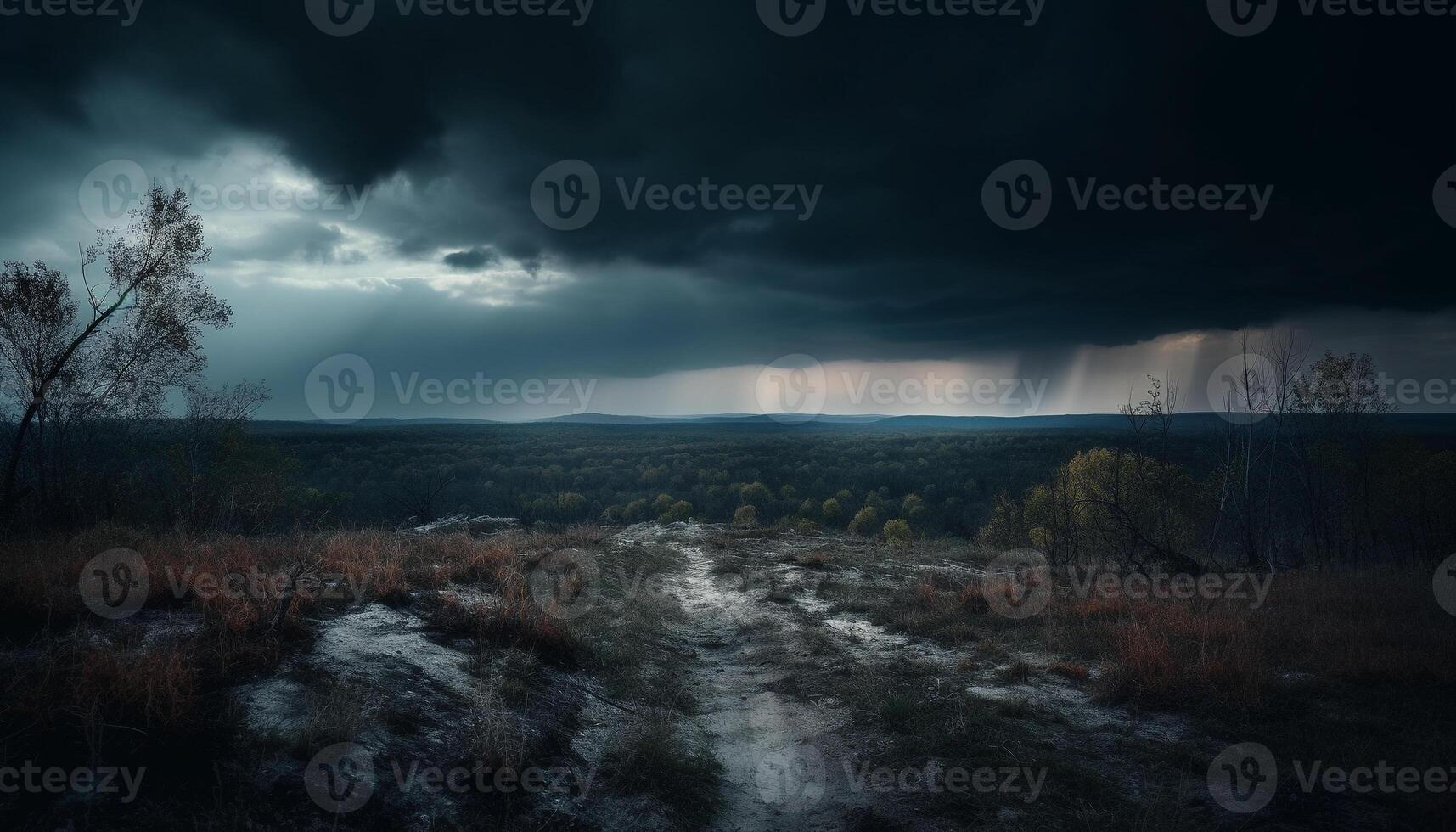 tranquillo prato, giallo foglie, drammatico cielo, montagna gamma, bellezza generato di ai foto