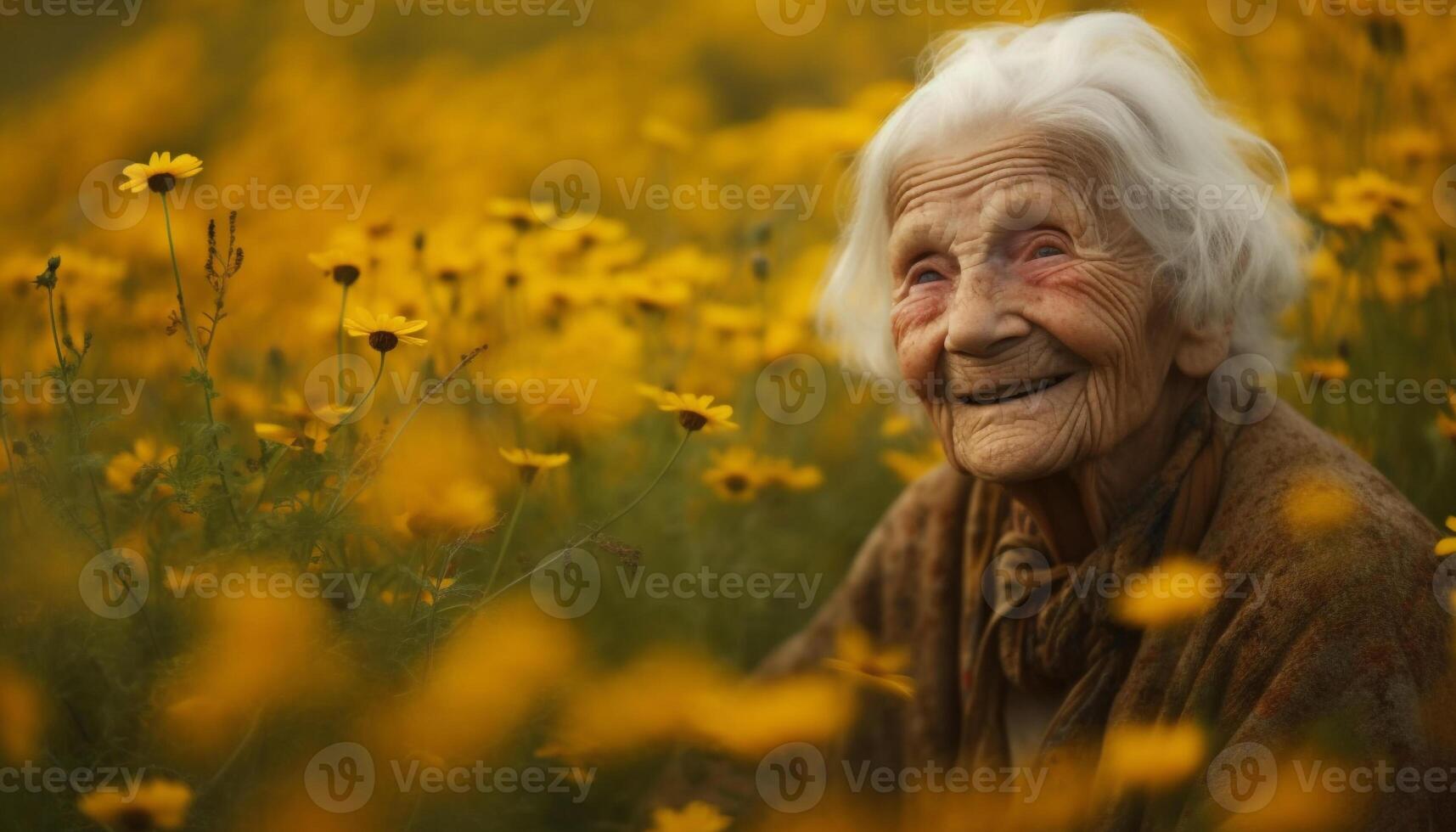 sorridente anziano donna gode fresco prato nel non urbano tramonto generato di ai foto