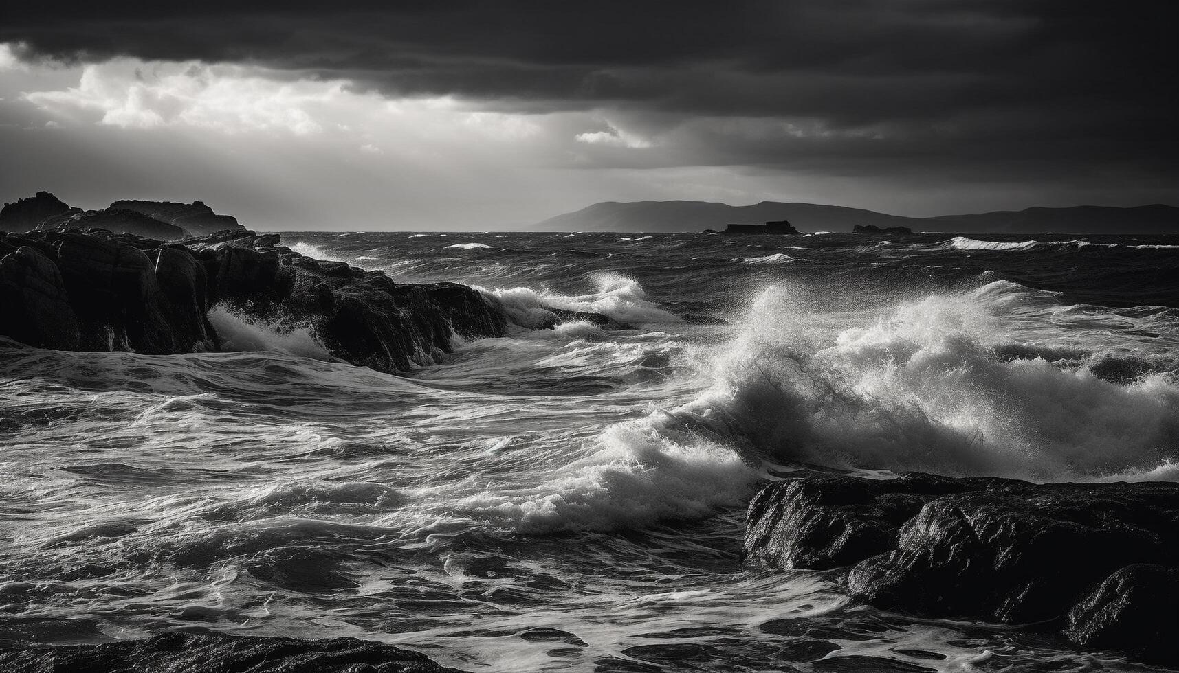 montagnoso onde schianto contro roccioso costa nel drammatico monocromatico movimento generato di ai foto