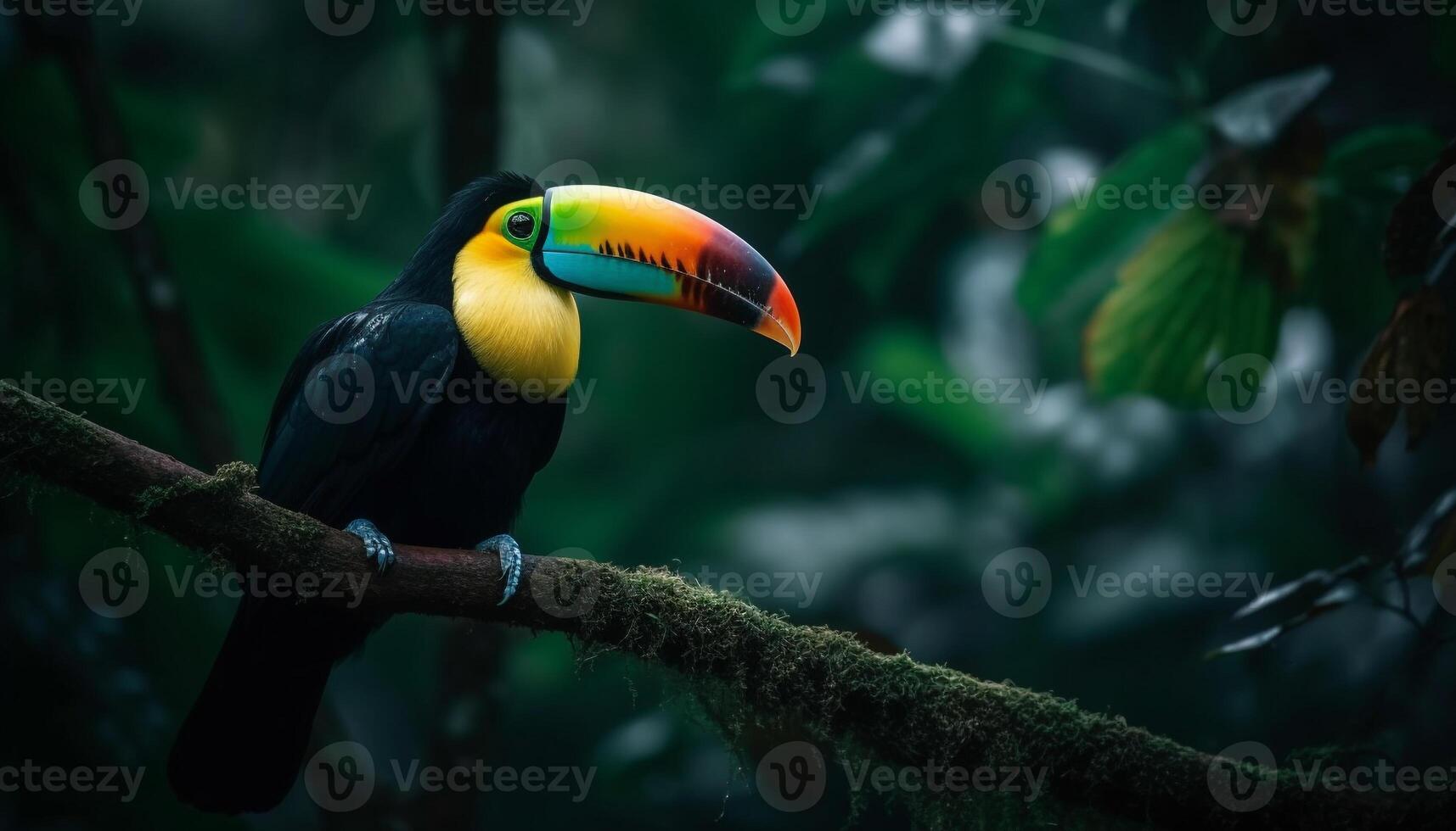 vivace tucano arroccato su ramo nel tropicale foresta pluviale habitat generato di ai foto