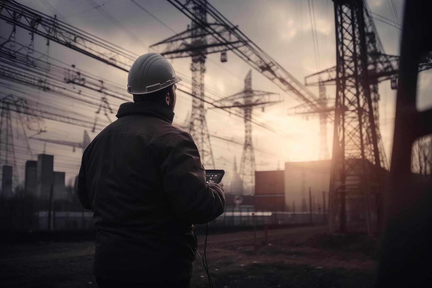 ingegnere Lavorando su un' costruzione luogo utilizzando un' mobile Telefono con alto voltaggio torri nel il sfondo, un elettrico ingegnere posteriore Visualizza Lavorando, ai generato foto