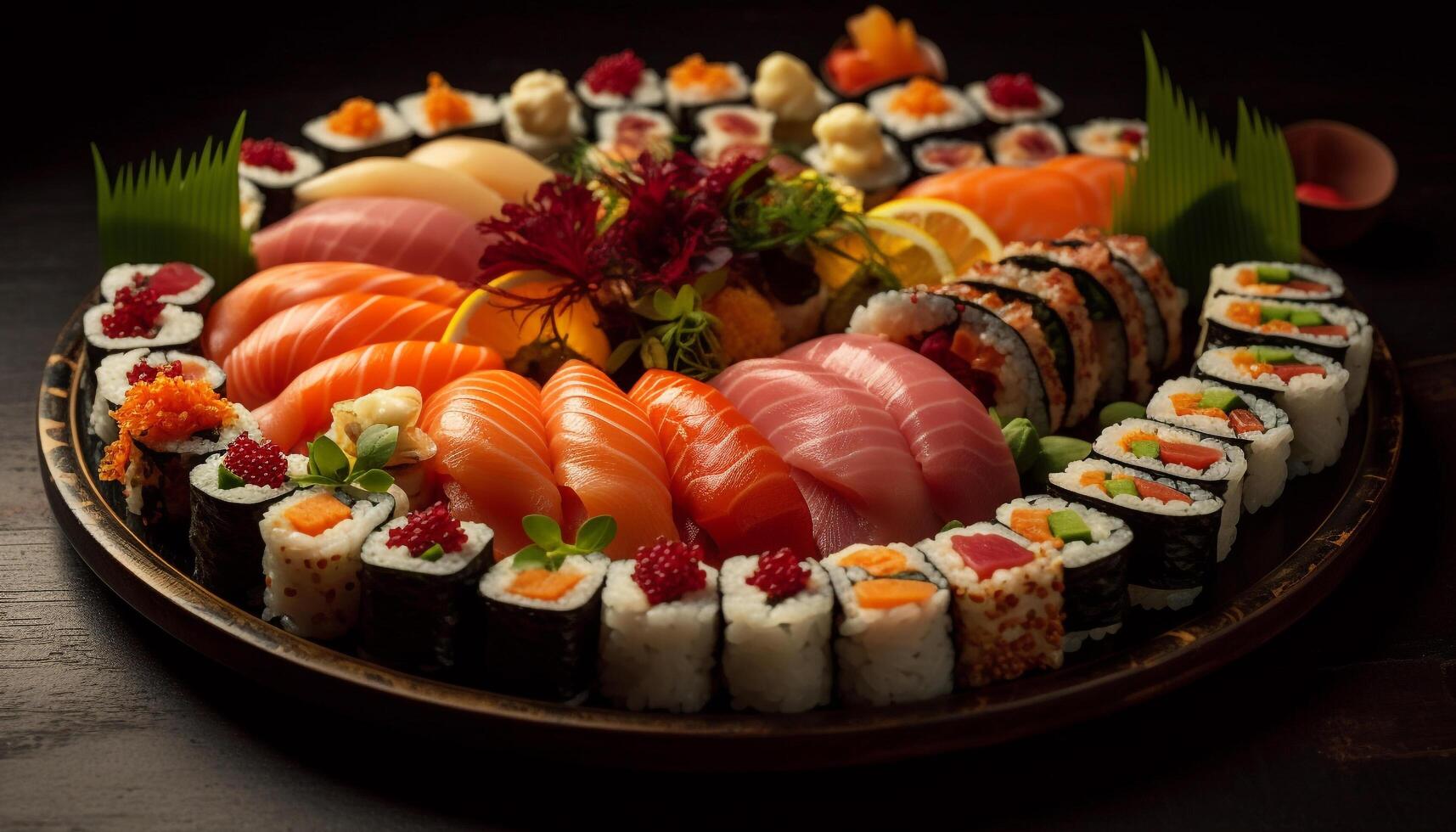 buongustaio frutti di mare pasto fresco sashimi, maki Sushi, e nigiri piatto generato di ai foto