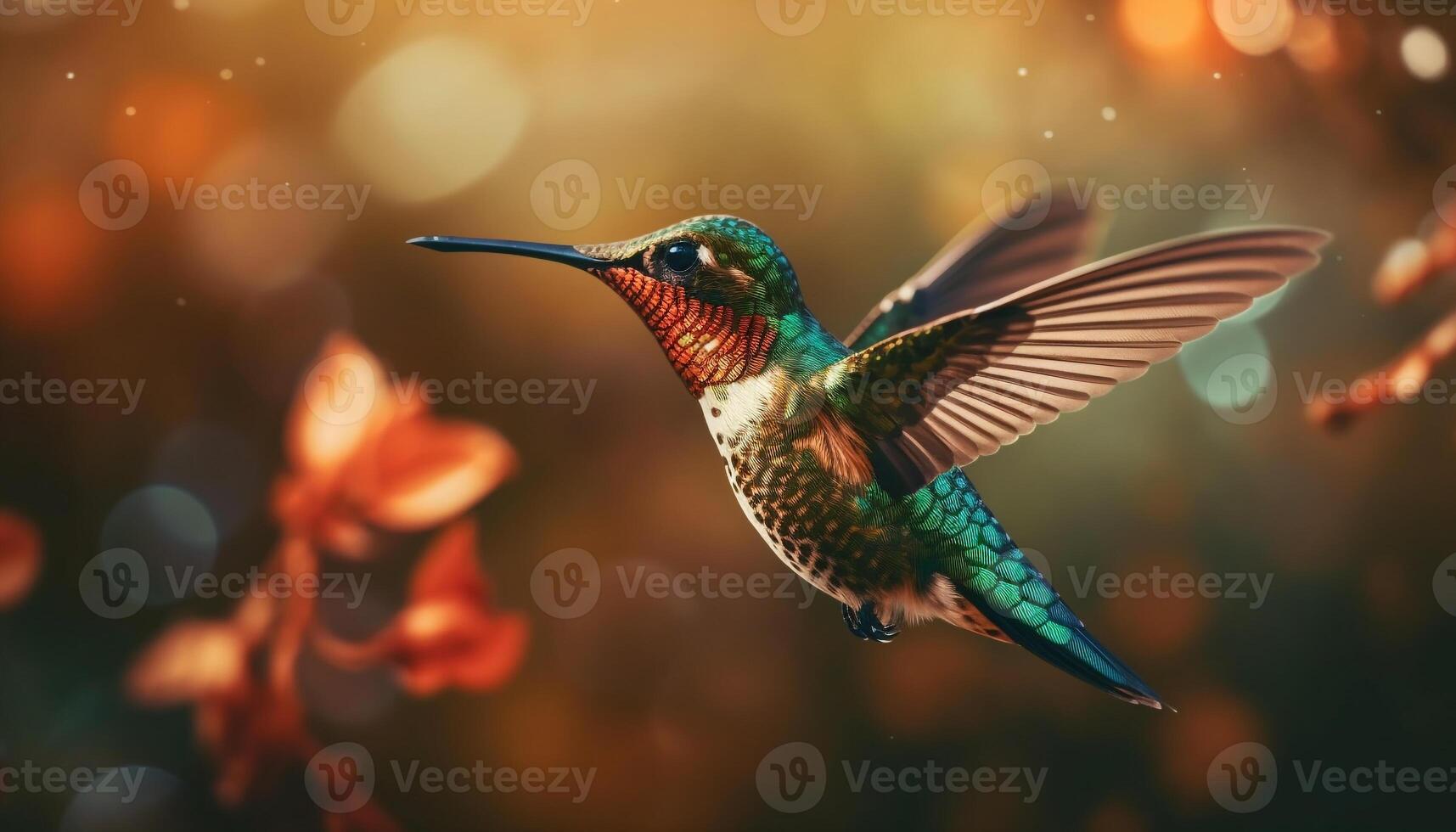 vivace colibrì si diffonde Ali, impollina fiore nel naturale bellezza generato di ai foto