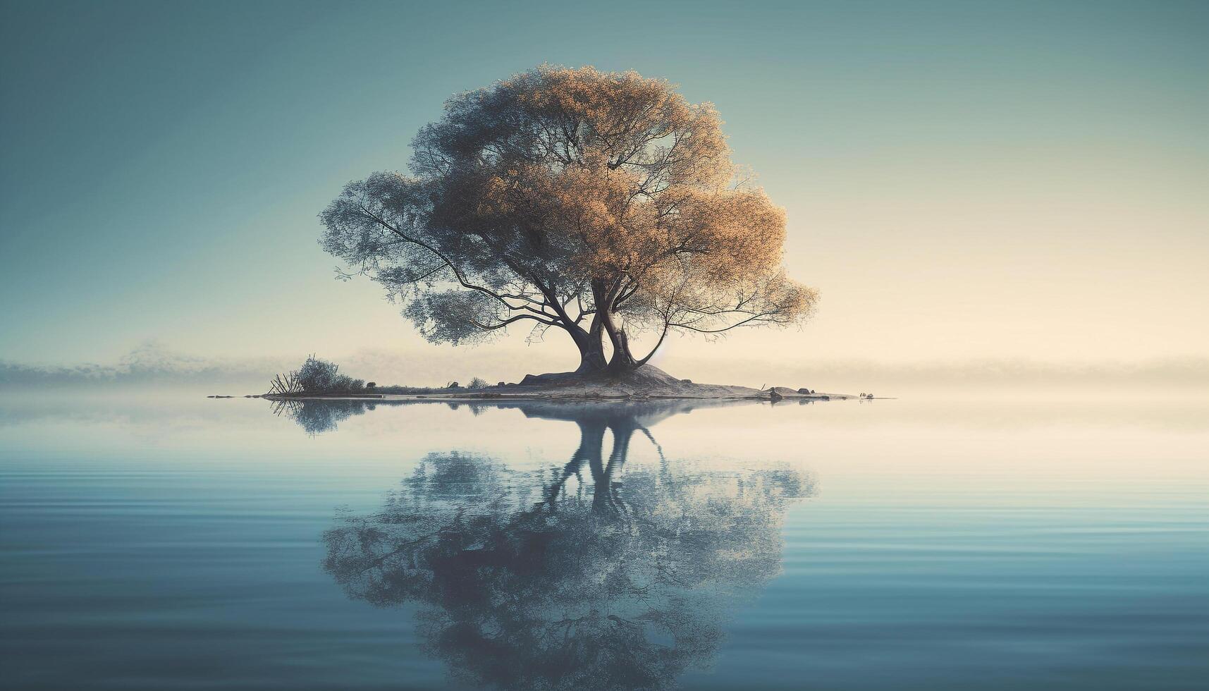 tranquillo scena di riflessione, blu cielo, e albero ramo silhouette generato di ai foto