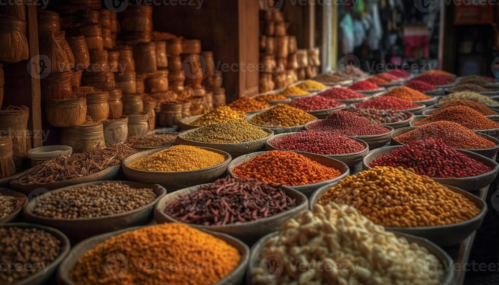 vivace colori di spezie nel un' riga a il strada mercato generato di ai foto