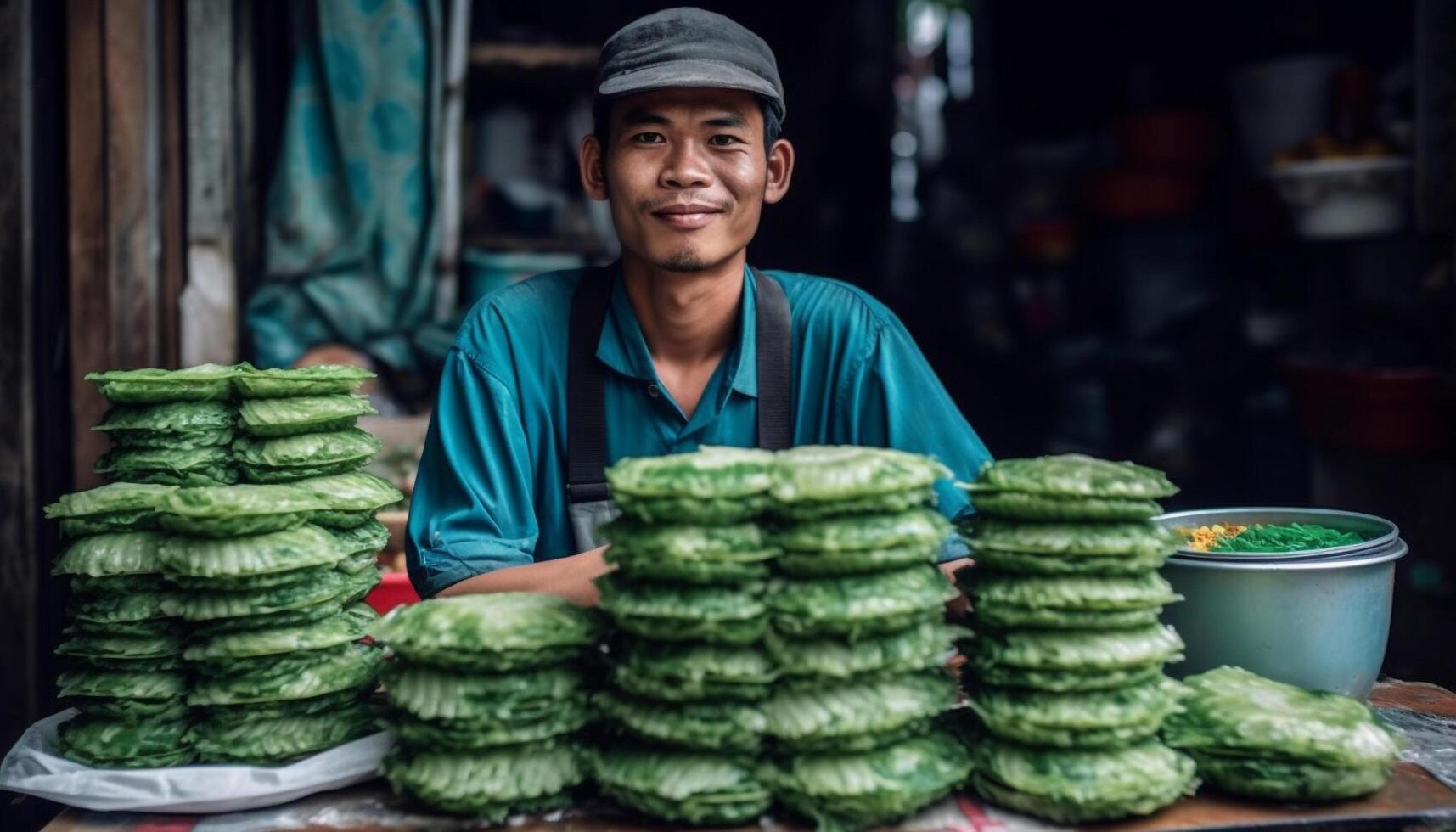 uno uomo vendita fresco la verdura, allegro venditore a all'aperto mercato generato di ai foto