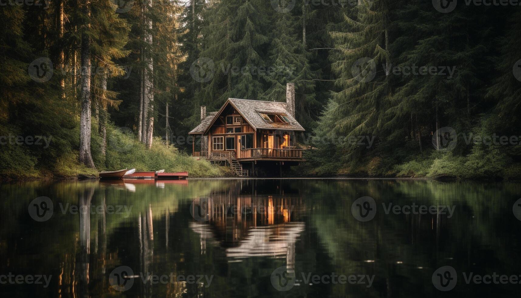 tranquillo pesca vacanze nel rustico log cabina vicino montagna gamma generato di ai foto