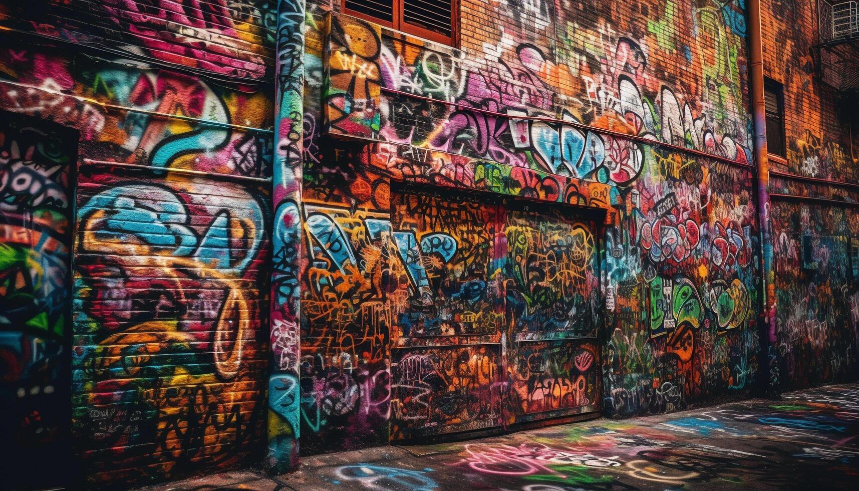 vivace colorato graffiti murale si illumina città strada con astratto caos generato di ai foto