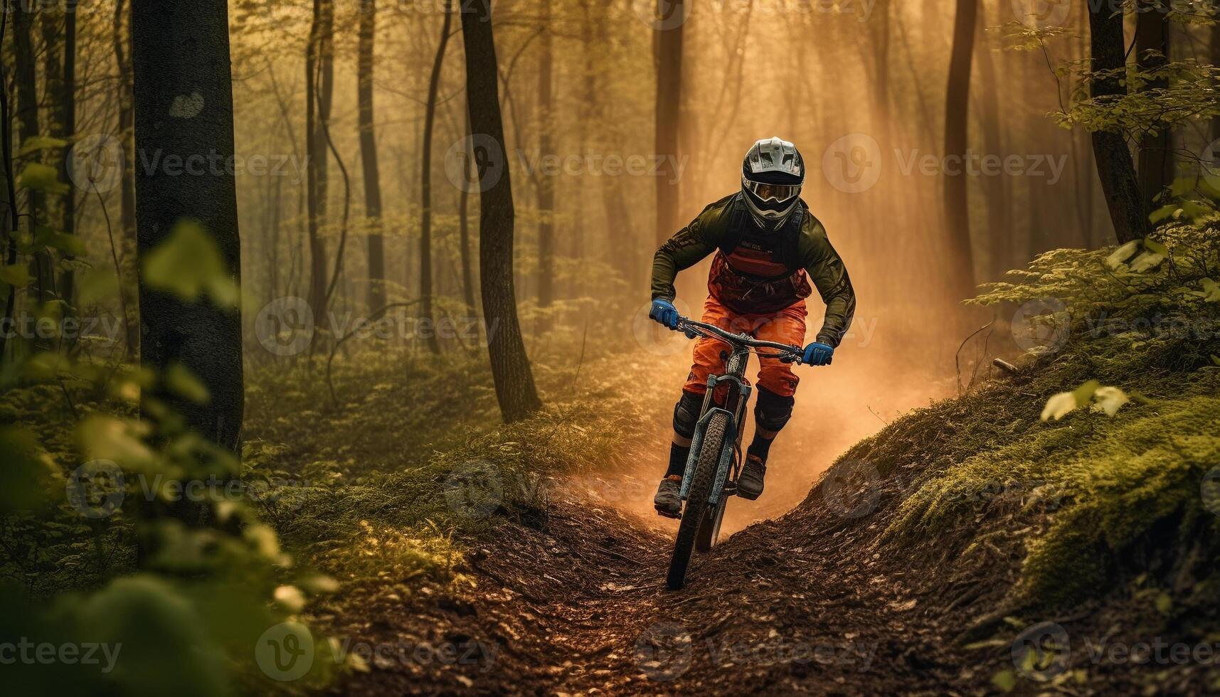 montagna bike uomini velocità attraverso foresta, un estremo avventura ricerca generato di ai foto