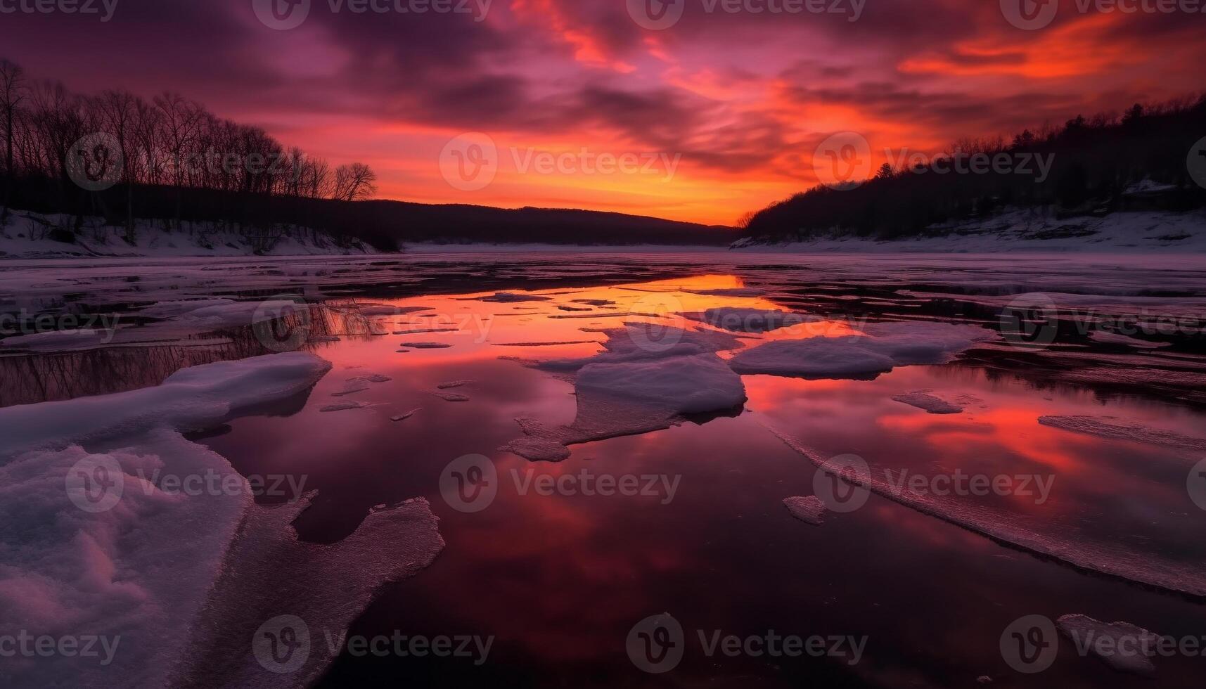 congelato montagna paesaggio riflette tranquillo tramonto, inverno bellezza nel natura generato di ai foto