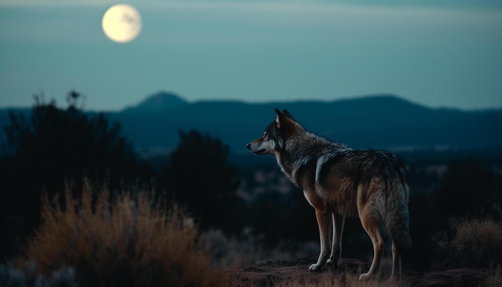 grigio lupo ululato a crepuscolo nel il natura selvaggia la zona generato di ai foto