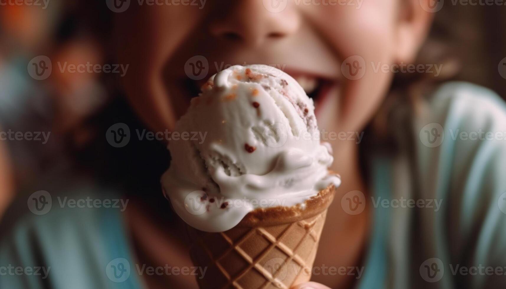 carino ragazza sorridente mentre indulgere nel rinfrescante ghiaccio crema cono generato di ai foto