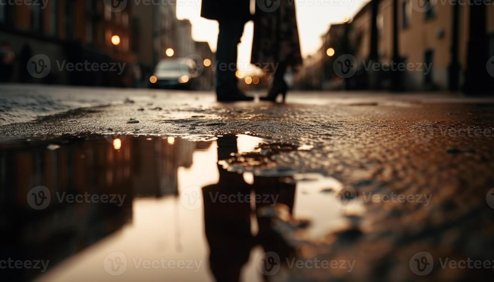 bagnato città strade riflettere sfocato movimento di a piedi pendolari a crepuscolo generato di ai foto