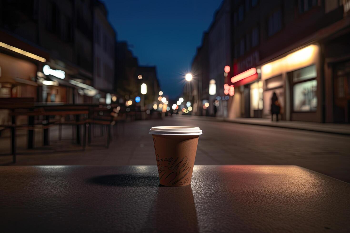 caffè tazza su il strada a notte. selettivo messa a fuoco. un' caffè tazza è su il tavolo nel davanti di un illuminato strada luce, ai generato foto