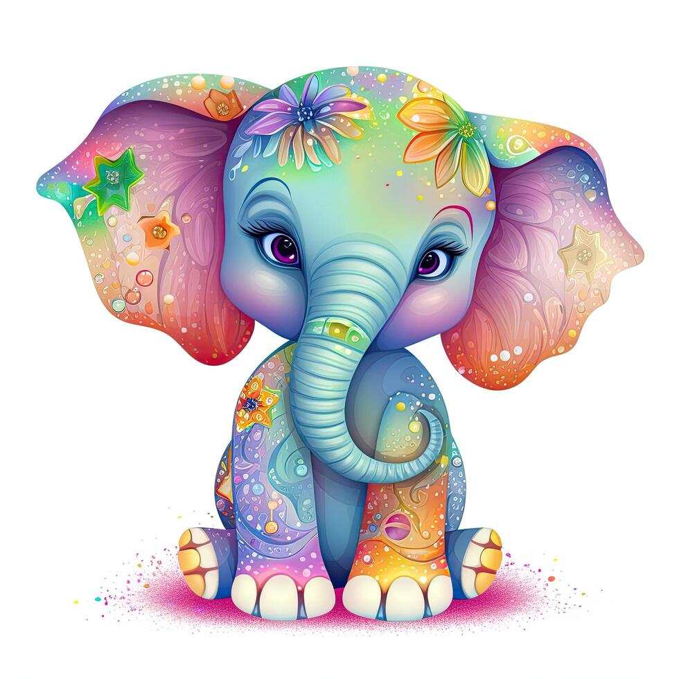 carino elefante bambino cartone animato fascio design. carino elefante bambino cartone animato illustrazione su un' bianca sfondo. colorato elefante seduta impostato design per bambini colorazione pagine. ai generato. foto