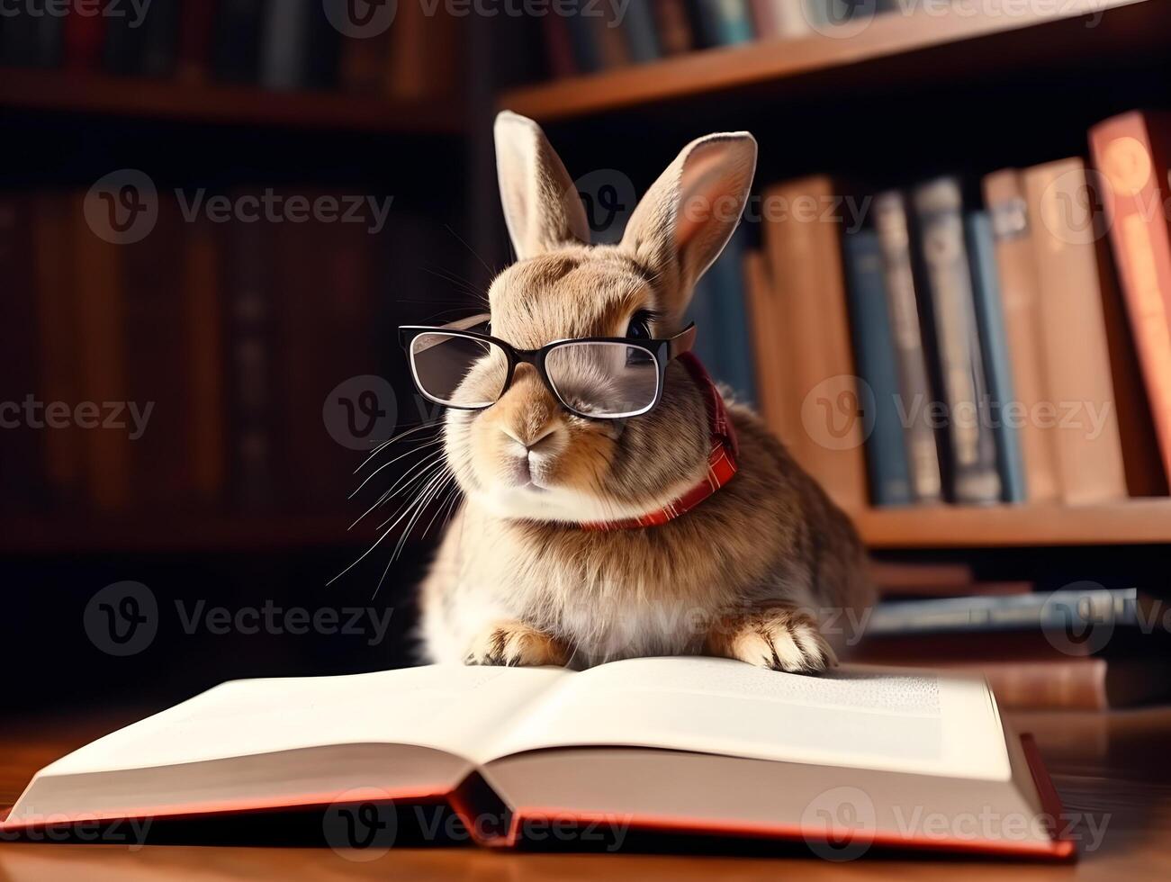 carino coniglio con occhiali e libro di di andare a dormire storie. ai generato foto