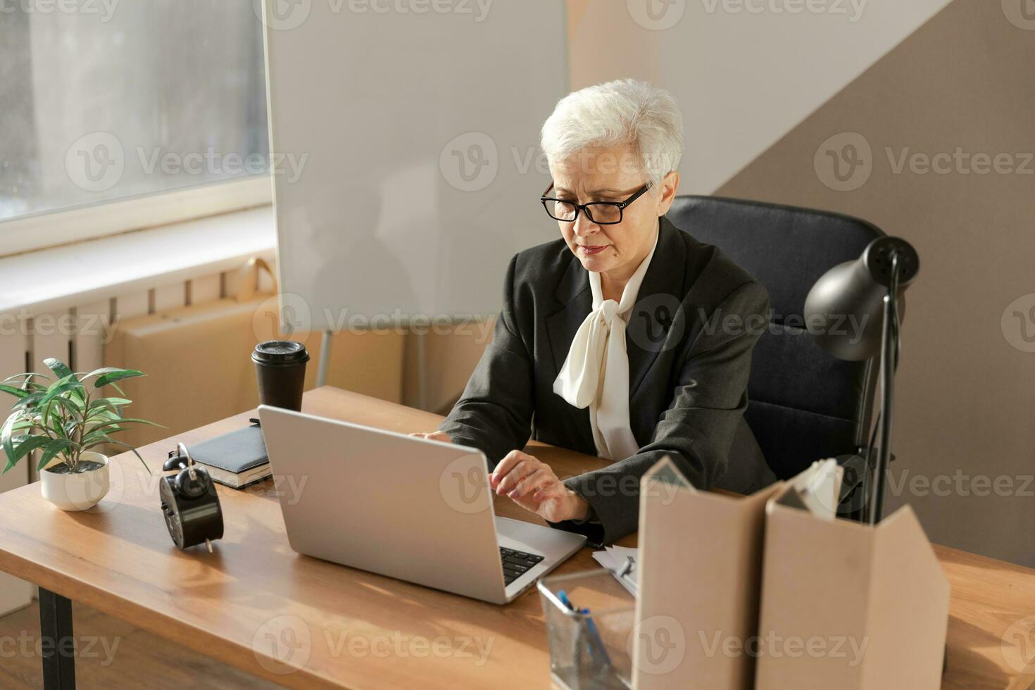 fiducioso elegante europeo mezzo anziano anziano donna utilizzando il computer portatile a posto di lavoro. elegante più vecchio maturo 60s grigio dai capelli signora donna d'affari seduta a ufficio tavolo. capo capo insegnante professionale lavoratore. foto